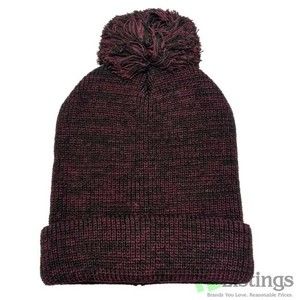 Pom Knit Beanie Hat Adult One Size Maroon Cuffed Knit Winter